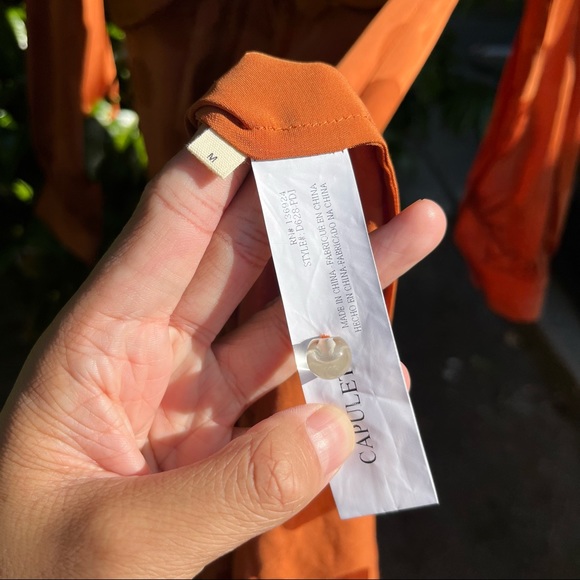 CAPULET Evelyn - Rust Orange dot satin tie front long sleeve midi dress, Size M - Picture 10 of 10